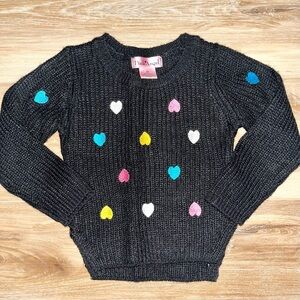 Toddler Girls Black Sweater with Embroidered Colorful Hearts